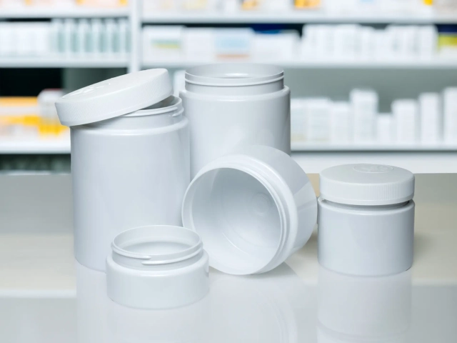 Weisse PET-Weithalsdosen mit Kindersicherheitsverschluss für Apotheke, Pharma und Kosmetik