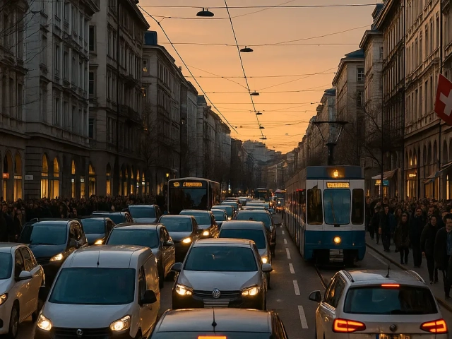 Zürich Innenstadt mit Strassenbahn und dichtem Verkehr bei Abendlicht – Transportzuschlag für städtische Liefergebiete