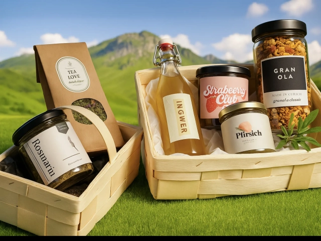 Spankorb aus Holz gefüllt mit Gläsern, Flaschen und Lebensmitteln – vielseitiger Geschenkkorb & Verpackung
