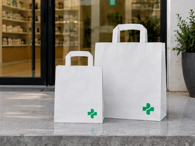 Weisse Tragetaschen aus FSC-Kraftpapier für Apotheken, stabil und nachhaltig, ideal für Medikamente, Pflegeprodukte und Einkäufe.