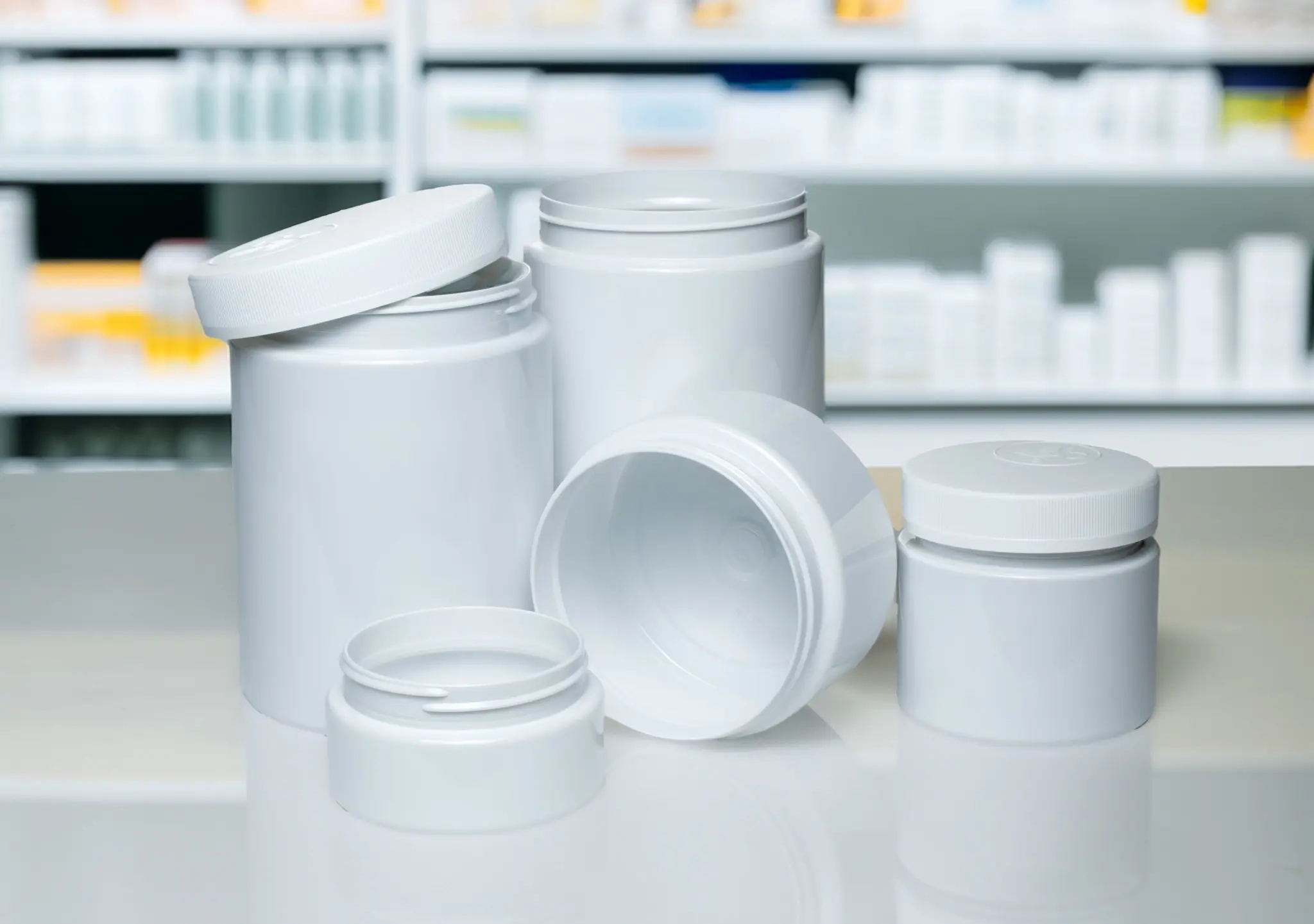 Pots à col large en PET blanc avec fermeture de sécurité enfants pour pharmacie, produits pharmaceutiques et cosmétiques