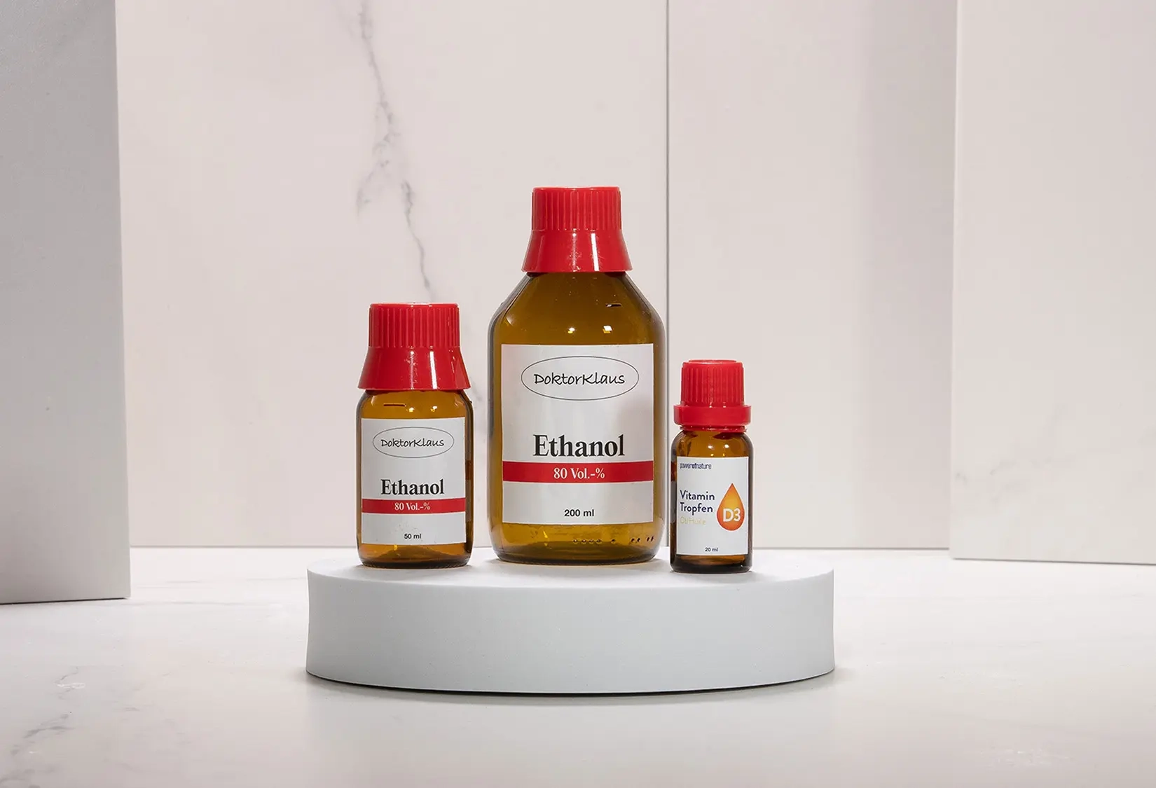 APONORM Medizinflaschen von Müller+Krempel – 50 ml und 250 ml Medizinflasche sowie 30 ml Tropfflasche aus braunem Glas mit rotem DIN-18 Verschluss für Apothekenbedarf und Pharmaverpackungen