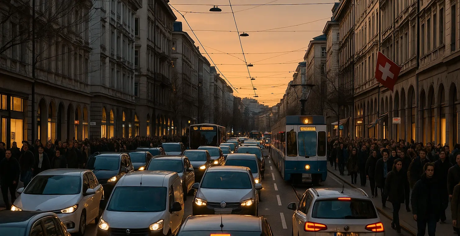 Rue de Zürich avec tramway et trafic dense en soirée – surtaxe de transport pour zones urbaines en Suisse
