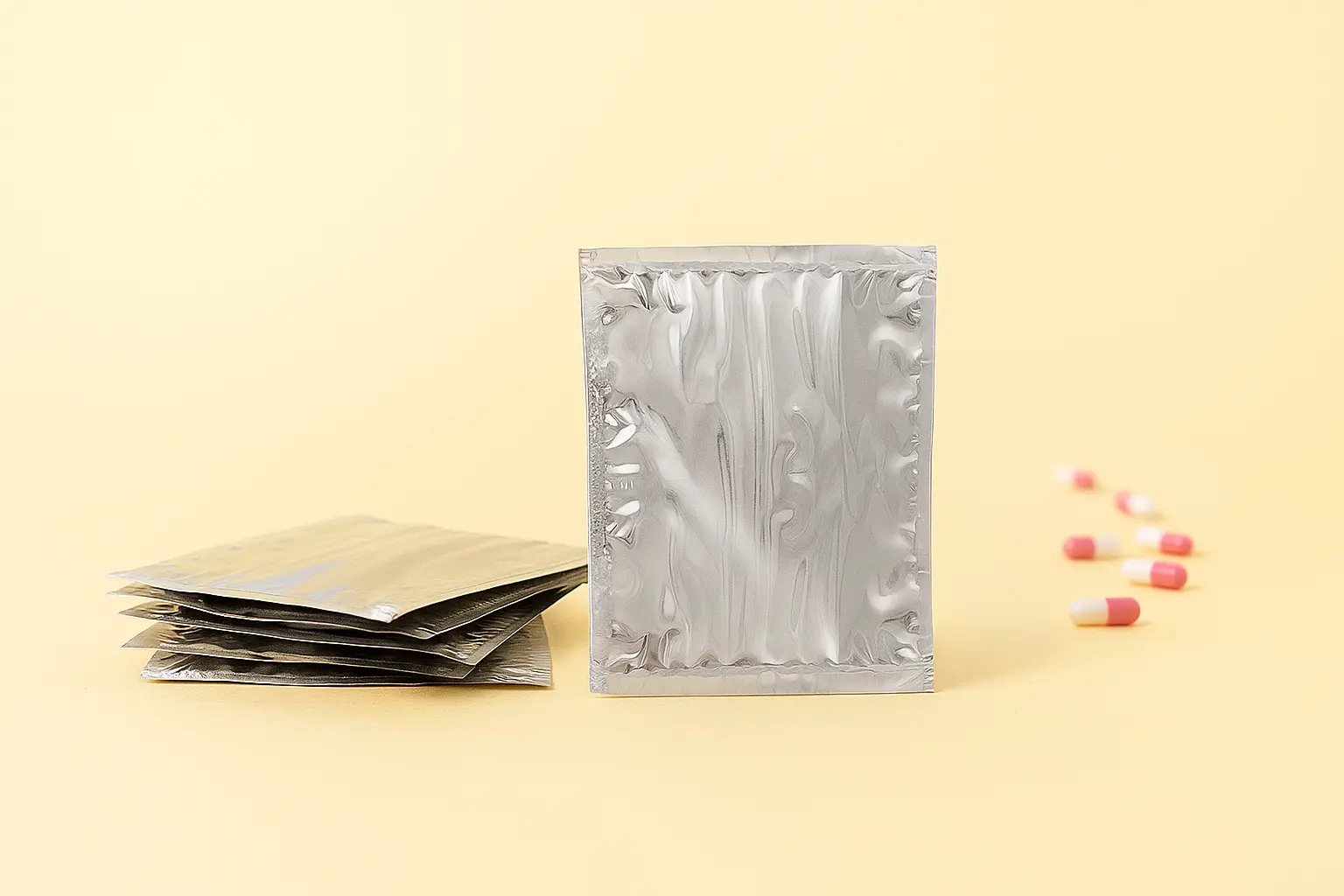 Sachets isothermes argentés avec fermeture zip à côté de capsules sur fond jaune
