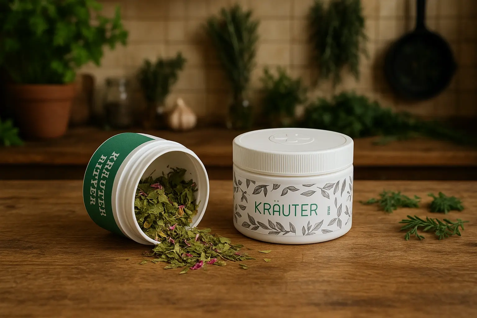 Kräuterdosen von Müller+Krempel – 250 ml und 100 ml Weithalsdose mit Kisi-Verschluss, befüllt mit getrockneten Kräutern und Heilkräutern, lebensmittelecht