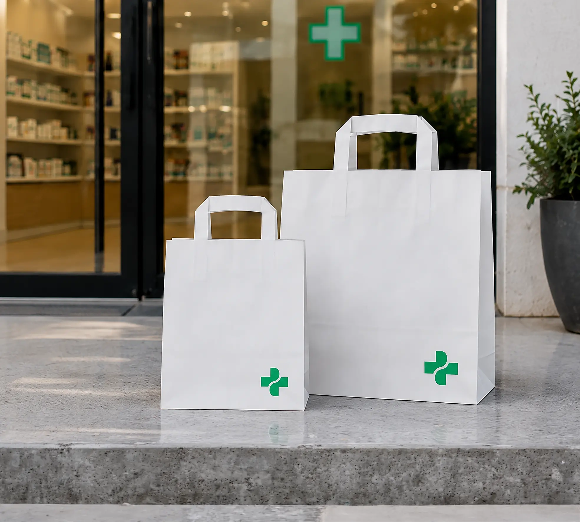 Weisse Tragetaschen aus FSC-Kraftpapier für Apotheken, stabil und nachhaltig, ideal für Medikamente, Pflegeprodukte und Einkäufe.